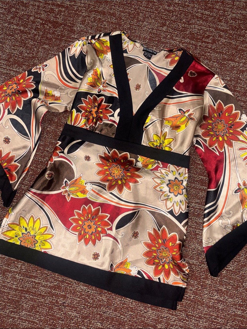 Vintage Y2K kimono top tie‎ back floral patterned flowy sleeve satin blouse S